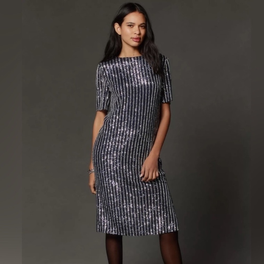 NWT! Anthropologie FLAT WHITE NAVY SHORT-SLEEVE SEQUIN STRIPE MIDI DRESS 🧳 - Picture 2 of 10
